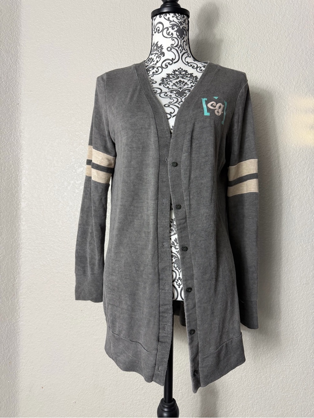 Long Gray Button-Up Cardigan with Cream Sleeve Stripes